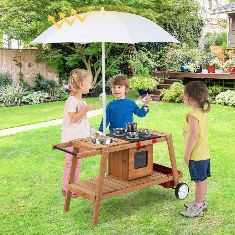 Wooden Play Cart with Sun-Proof Umbrella - Giggle Tots